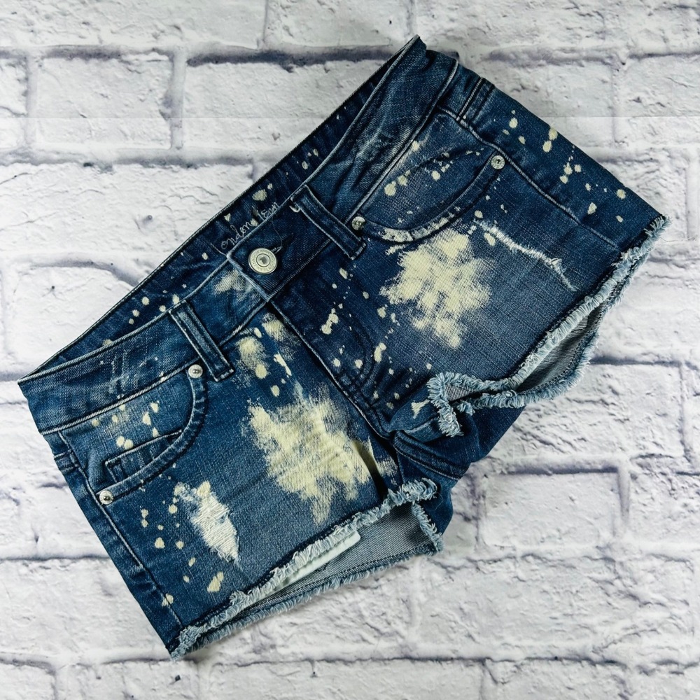 London Jean Bleached Splatter Denim Cut Off Shorts Dark Wash Low Rise Size 2